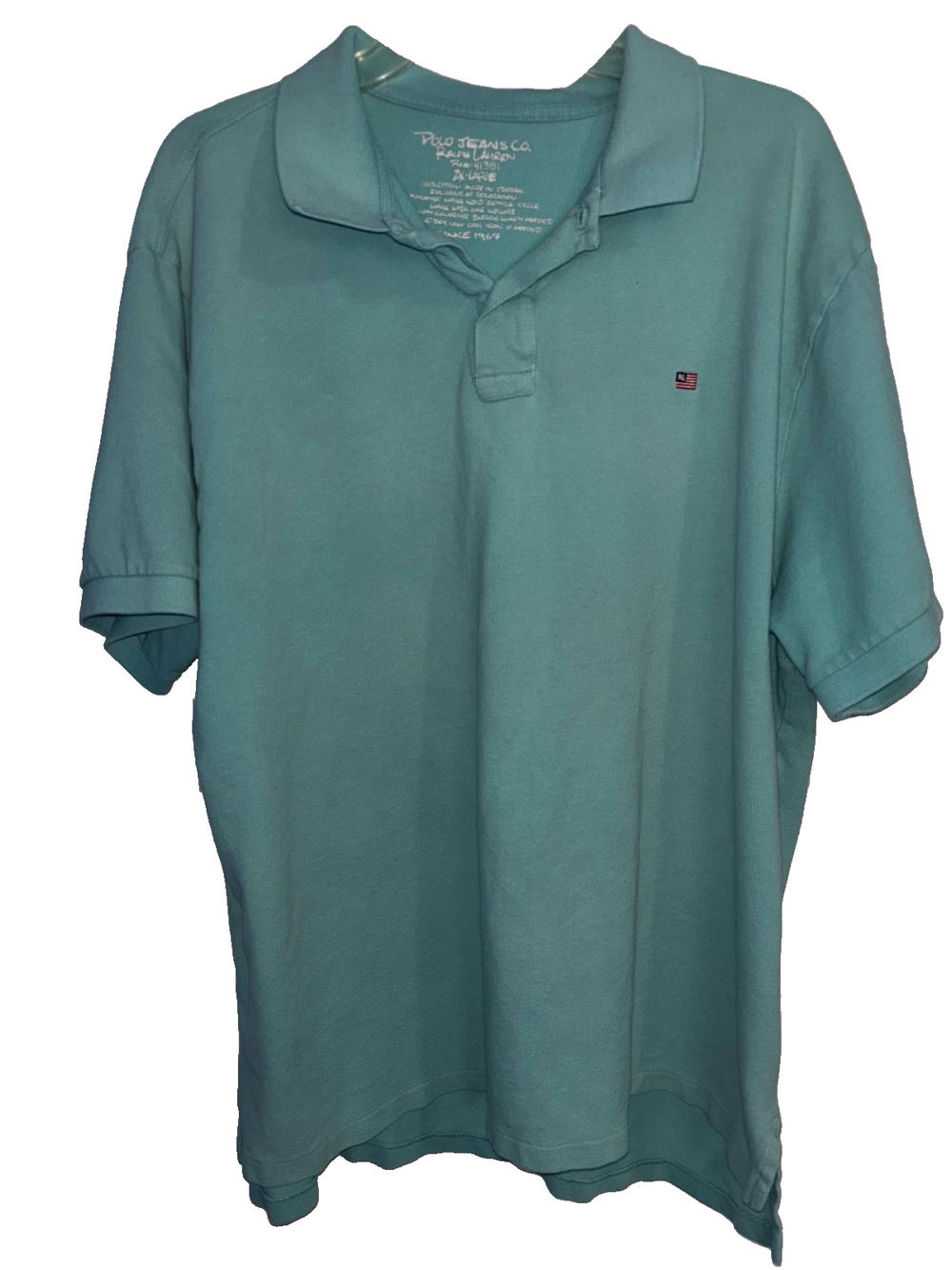 Polo Jeans Co Ralph Lauren Shirt Mens 2XL Aqua Mint Green American Flag Polo Tee